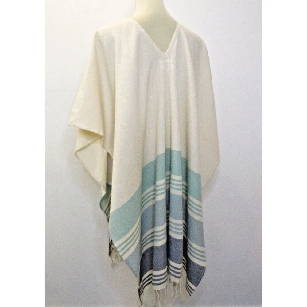 Womens OS Cream Blue Stripes Fringe Poncho Beach Caftan Coverup Boho Tribe Alive - Picture 6 of 11